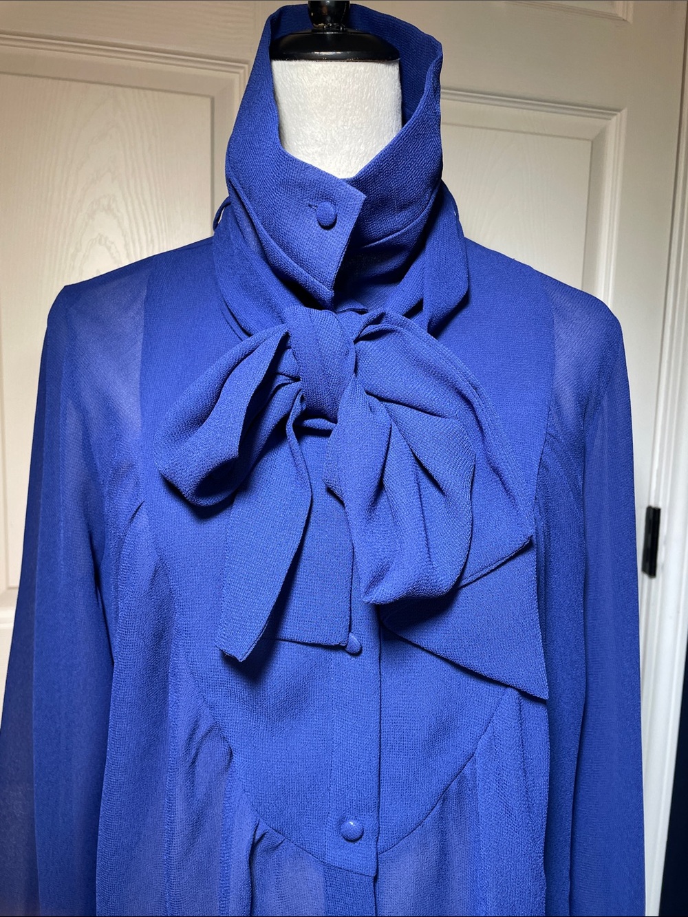 Vintage Simonton Says George Simonton Cobalt Blue Sheer Bow Blouse Top Size M